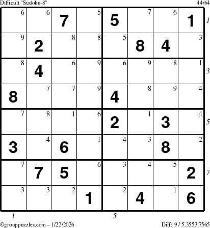 The grouppuzzles.com Difficult Sudoku-8 puzzle for Thursday January 22, 2026 with all 9 steps marked