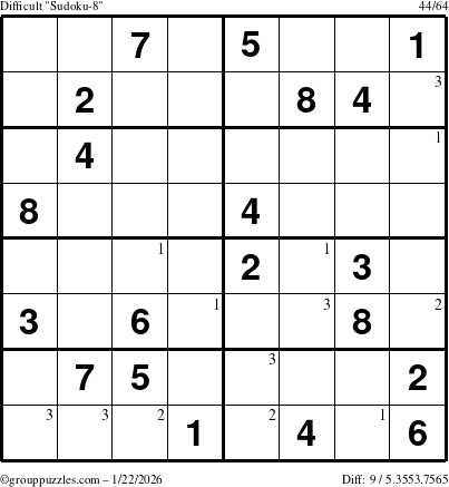 The grouppuzzles.com Difficult Sudoku-8 puzzle for Thursday January 22, 2026 with the first 3 steps marked