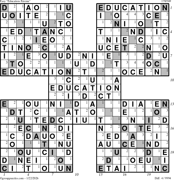 The grouppuzzles.com Easy Education-Xtreme puzzle for Thursday January 22, 2026, suitable for printing, with all 4 steps marked