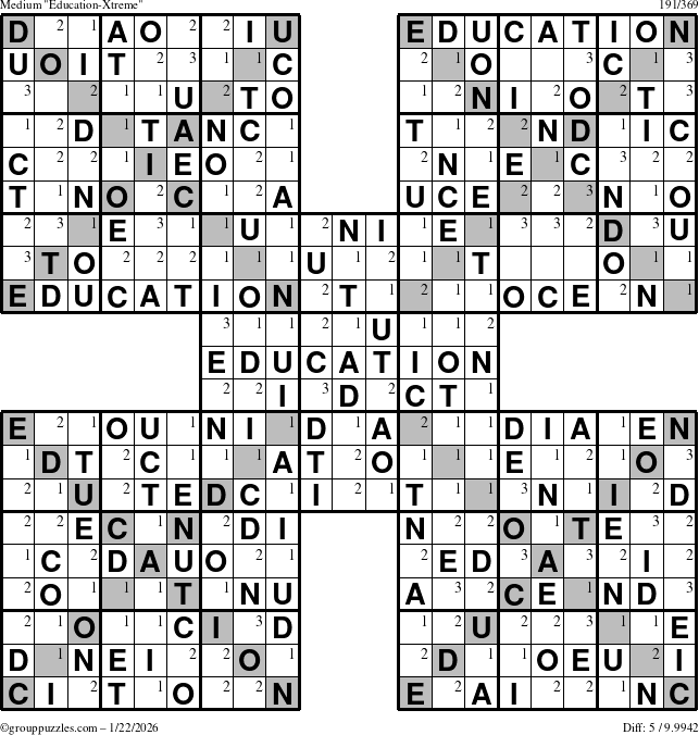 The grouppuzzles.com Medium Education-Xtreme puzzle for Thursday January 22, 2026 with the first 3 steps marked
