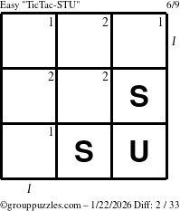 The grouppuzzles.com Easy TicTac-STU puzzle for Thursday January 22, 2026 with all 2 steps marked