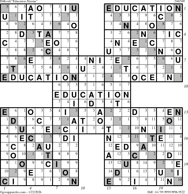 The grouppuzzles.com Difficult Education-Xtreme puzzle for Thursday January 22, 2026, suitable for printing, with all 14 steps marked