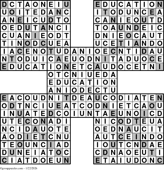The grouppuzzles.com Answer grid for the Education-Xtreme puzzle for Thursday January 22, 2026