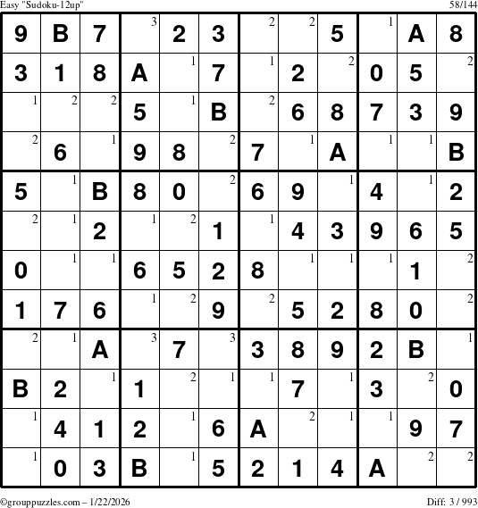 The grouppuzzles.com Easy Sudoku-12up puzzle for Thursday January 22, 2026 with the first 3 steps marked