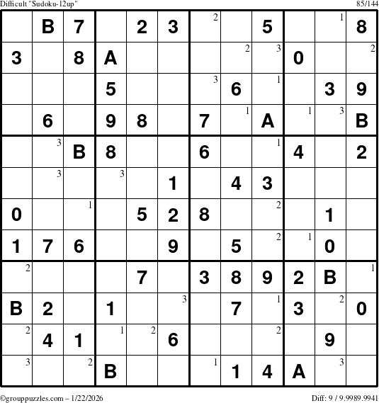 The grouppuzzles.com Difficult Sudoku-12up puzzle for Thursday January 22, 2026 with the first 3 steps marked