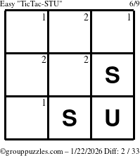 The grouppuzzles.com Easy TicTac-STU puzzle for Thursday January 22, 2026 with the first 2 steps marked