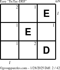 The grouppuzzles.com Easy TicTac-DEF puzzle for Tuesday January 28, 2025 with all 2 steps marked