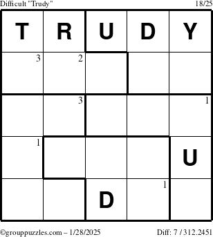 The grouppuzzles.com Difficult Trudy puzzle for Tuesday January 28, 2025 with the first 3 steps marked