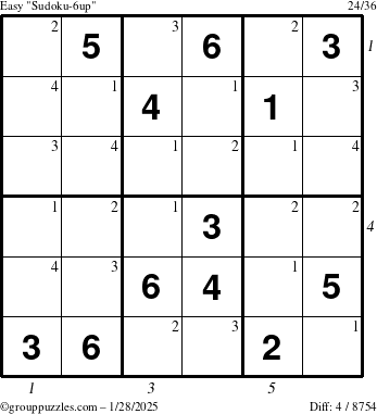 The grouppuzzles.com Easy Sudoku-6up puzzle for Tuesday January 28, 2025 with all 4 steps marked