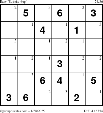 The grouppuzzles.com Easy Sudoku-6up puzzle for Tuesday January 28, 2025 with the first 3 steps marked