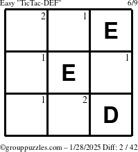 The grouppuzzles.com Easy TicTac-DEF puzzle for Tuesday January 28, 2025 with the first 2 steps marked