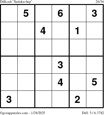 The grouppuzzles.com Difficult Sudoku-6up puzzle for Tuesday January 28, 2025