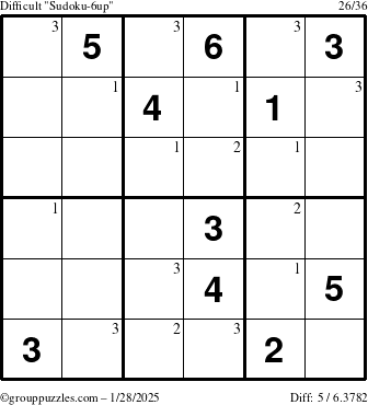 The grouppuzzles.com Difficult Sudoku-6up puzzle for Tuesday January 28, 2025 with the first 3 steps marked