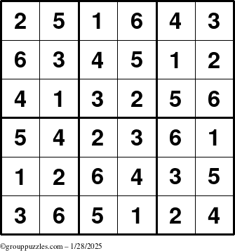 The grouppuzzles.com Answer grid for the Sudoku-6up puzzle for Tuesday January 28, 2025