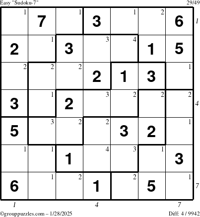 The grouppuzzles.com Easy Sudoku-7 puzzle for Tuesday January 28, 2025, suitable for printing, with all 4 steps marked