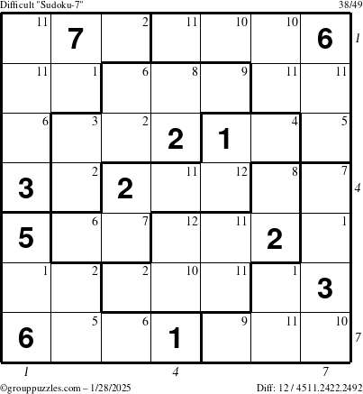 The grouppuzzles.com Difficult Sudoku-7 puzzle for Tuesday January 28, 2025 with all 12 steps marked