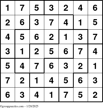 The grouppuzzles.com Answer grid for the Sudoku-7 puzzle for Tuesday January 28, 2025