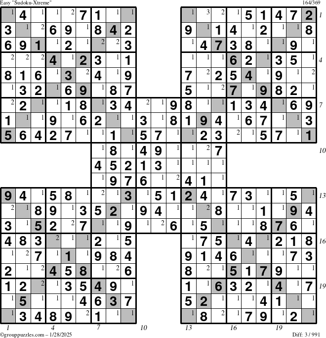 The grouppuzzles.com Easy Sudoku-Xtreme puzzle for Tuesday January 28, 2025 with all 3 steps marked
