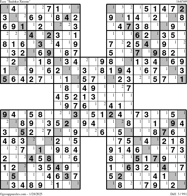 The grouppuzzles.com Easy Sudoku-Xtreme puzzle for Tuesday January 28, 2025 with the first 3 steps marked