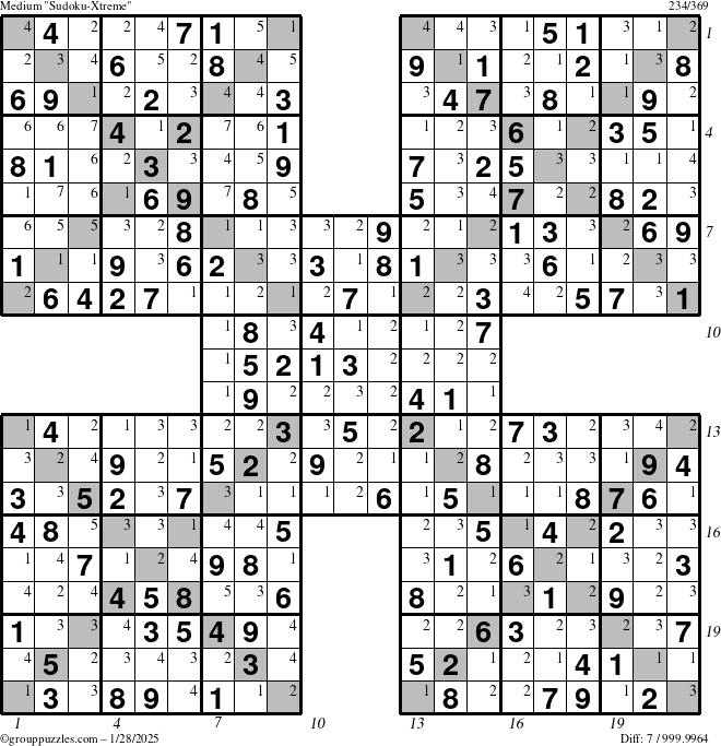 The grouppuzzles.com Medium Sudoku-Xtreme puzzle for Tuesday January 28, 2025 with all 7 steps marked