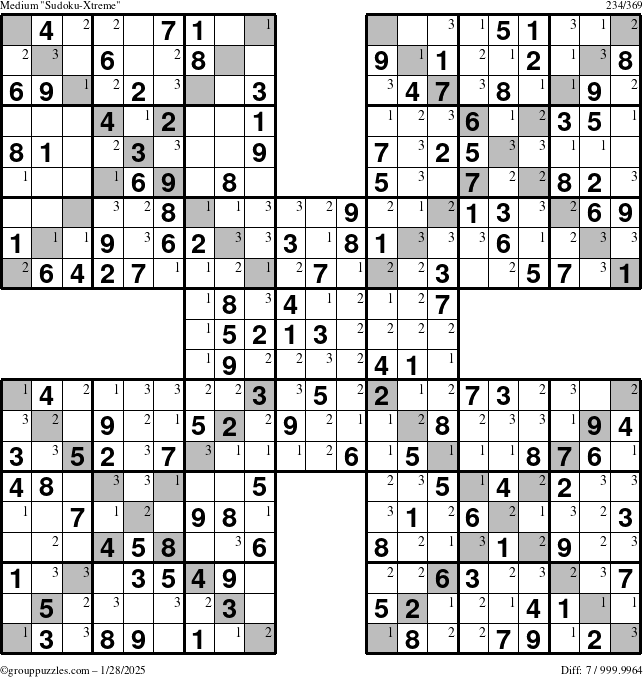 The grouppuzzles.com Medium Sudoku-Xtreme puzzle for Tuesday January 28, 2025 with the first 3 steps marked
