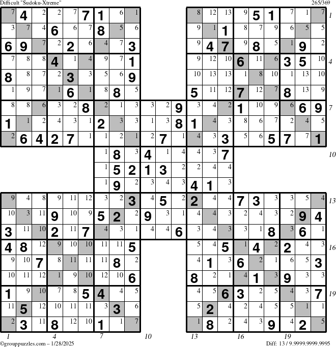 The grouppuzzles.com Difficult Sudoku-Xtreme puzzle for Tuesday January 28, 2025 with all 13 steps marked