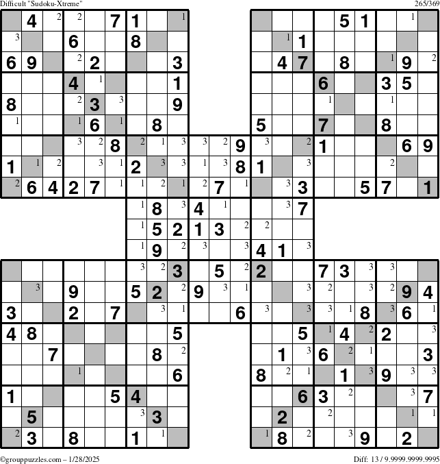 The grouppuzzles.com Difficult Sudoku-Xtreme puzzle for Tuesday January 28, 2025 with the first 3 steps marked