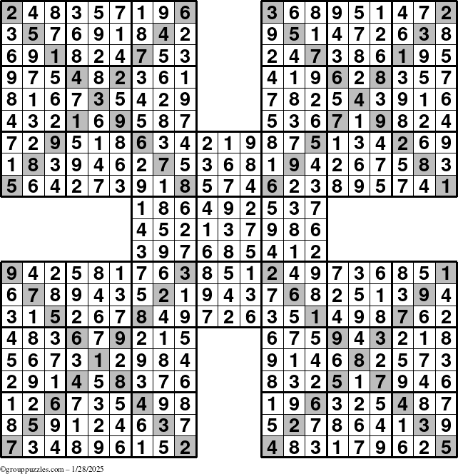 The grouppuzzles.com Answer grid for the Sudoku-Xtreme puzzle for Tuesday January 28, 2025