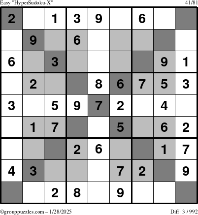 The grouppuzzles.com Easy HyperSudoku-X puzzle for Tuesday January 28, 2025