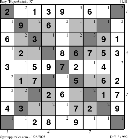 The grouppuzzles.com Easy HyperSudoku-X puzzle for Tuesday January 28, 2025 with all 3 steps marked