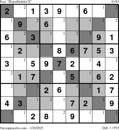 The grouppuzzles.com Easy HyperSudoku-X puzzle for Tuesday January 28, 2025 with the first 3 steps marked