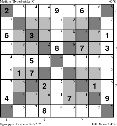 The grouppuzzles.com Medium HyperSudoku-X puzzle for Tuesday January 28, 2025, suitable for printing, with all 8 steps marked
