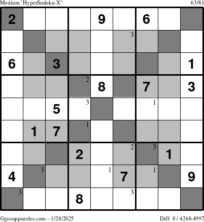 The grouppuzzles.com Medium HyperSudoku-X puzzle for Tuesday January 28, 2025 with the first 3 steps marked