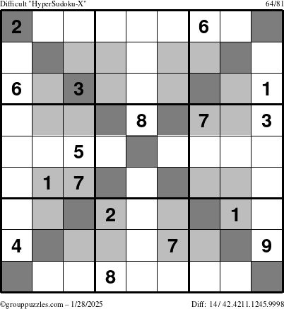 The grouppuzzles.com Difficult HyperSudoku-X puzzle for Tuesday January 28, 2025