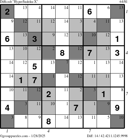 The grouppuzzles.com Difficult HyperSudoku-X puzzle for Tuesday January 28, 2025 with all 14 steps marked