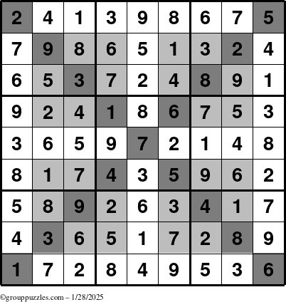 The grouppuzzles.com Answer grid for the HyperSudoku-X puzzle for Tuesday January 28, 2025