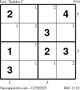 The grouppuzzles.com Easy Sudoku-4 puzzle for Tuesday December 30, 2025, suitable for printing, with all 2 steps marked