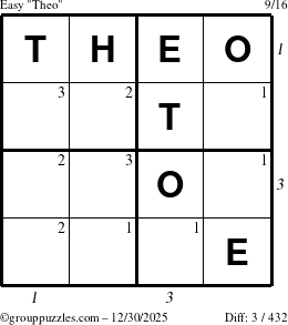 The grouppuzzles.com Easy Theo puzzle for Tuesday December 30, 2025, suitable for printing, with all 3 steps marked
