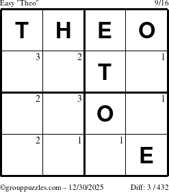 The grouppuzzles.com Easy Theo puzzle for Tuesday December 30, 2025 with the first 3 steps marked