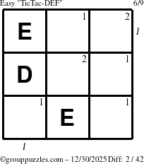 The grouppuzzles.com Easy TicTac-DEF puzzle for Tuesday December 30, 2025 with all 2 steps marked