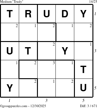 The grouppuzzles.com Medium Trudy puzzle for Tuesday December 30, 2025, suitable for printing, with all 3 steps marked