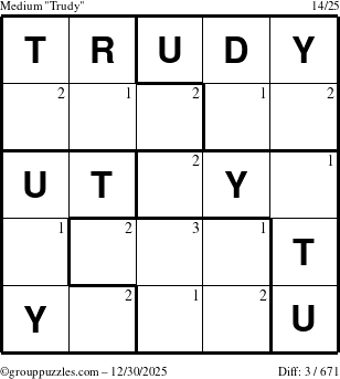 The grouppuzzles.com Medium Trudy puzzle for Tuesday December 30, 2025 with the first 3 steps marked