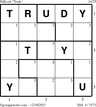 The grouppuzzles.com Difficult Trudy puzzle for Tuesday December 30, 2025 with all 4 steps marked