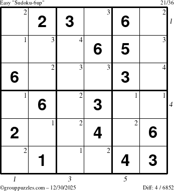 The grouppuzzles.com Easy Sudoku-6up puzzle for Tuesday December 30, 2025, suitable for printing, with all 4 steps marked