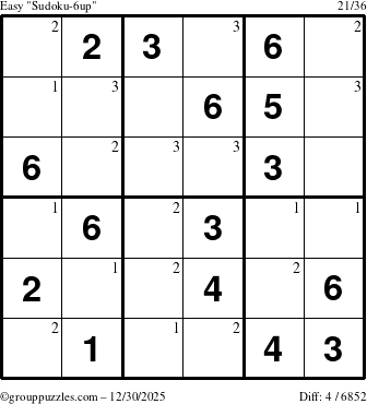 The grouppuzzles.com Easy Sudoku-6up puzzle for Tuesday December 30, 2025 with the first 3 steps marked