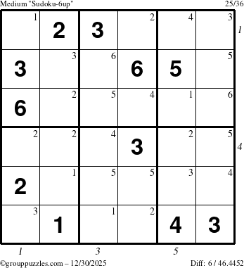 The grouppuzzles.com Medium Sudoku-6up puzzle for Tuesday December 30, 2025 with all 6 steps marked