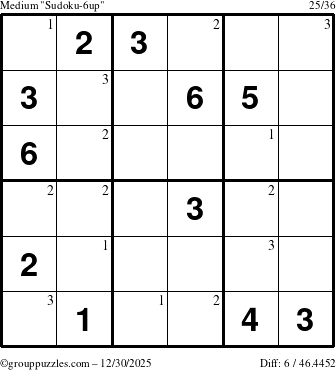 The grouppuzzles.com Medium Sudoku-6up puzzle for Tuesday December 30, 2025 with the first 3 steps marked