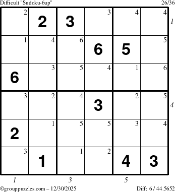 The grouppuzzles.com Difficult Sudoku-6up puzzle for Tuesday December 30, 2025, suitable for printing, with all 6 steps marked