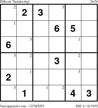 The grouppuzzles.com Difficult Sudoku-6up puzzle for Tuesday December 30, 2025 with the first 3 steps marked