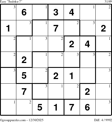 The grouppuzzles.com Easy Sudoku-7 puzzle for Tuesday December 30, 2025 with the first 3 steps marked